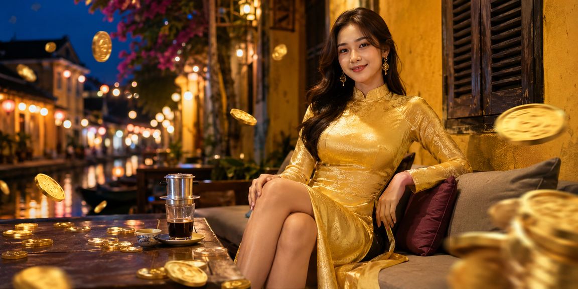 Người dùng tại Hội An xem cược thể thao trên điện thoại với trang phục áo dài truyền thống